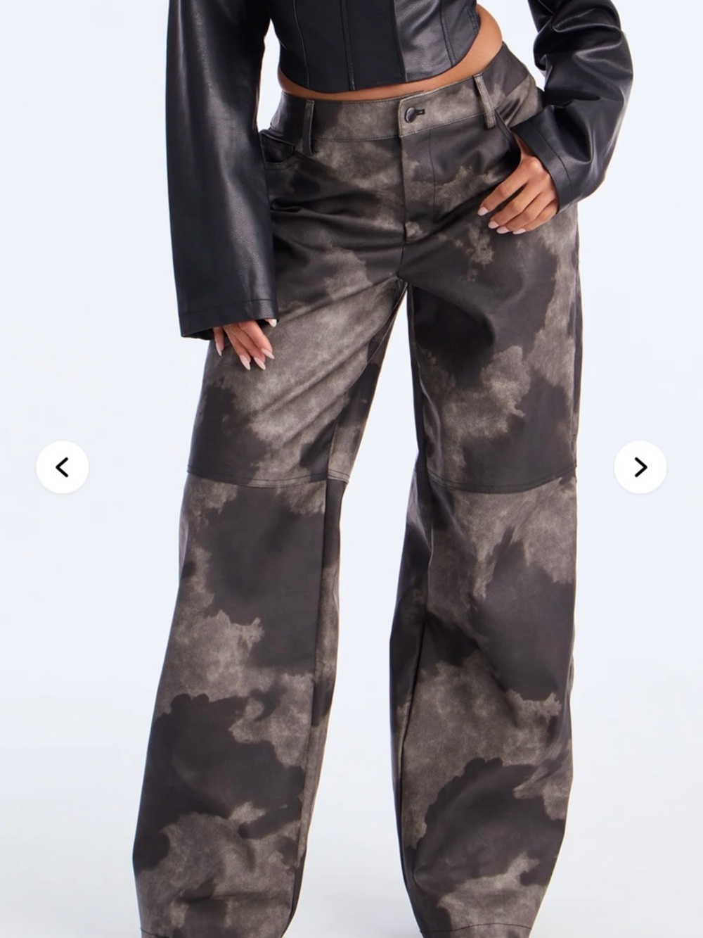 Wide-Leg Faux Leather Pants in Black Smoke Tie-Dye